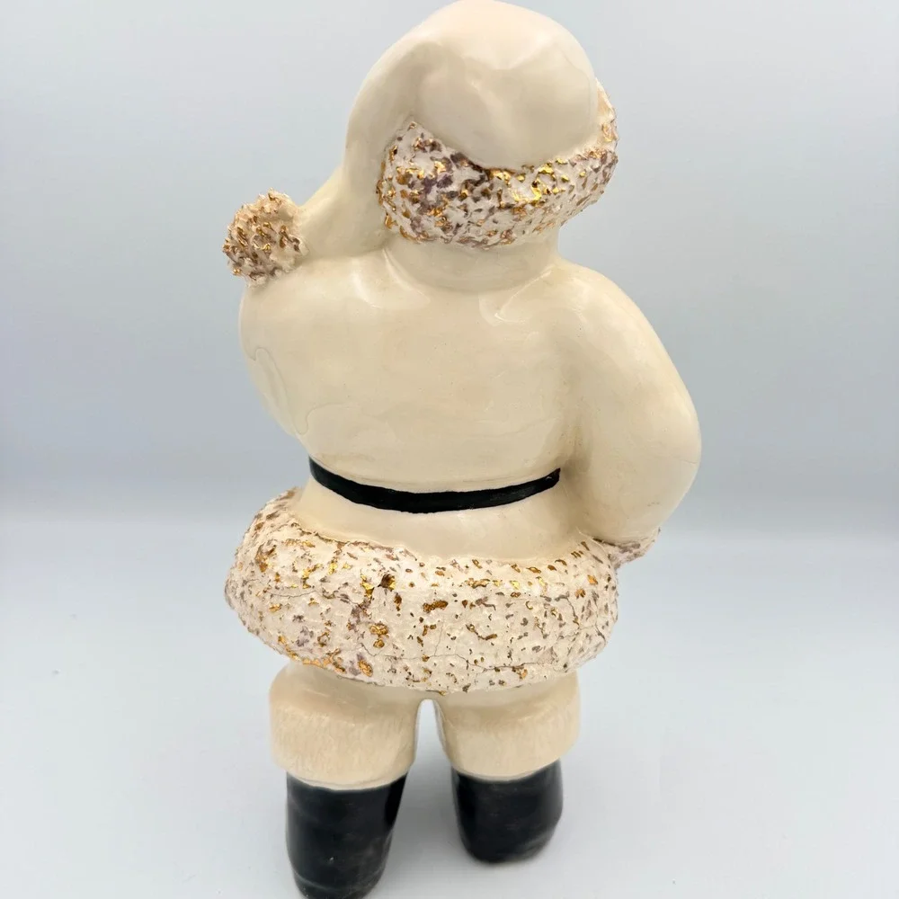 Vintage 1950's Ceramic Santa with Spaghetti Trim White And Gold 10